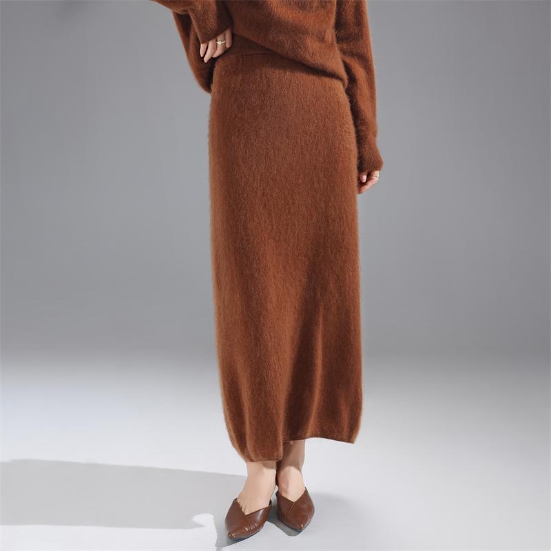 Autumn/Winter 100% Wool Solid Color Women's Slimming Midi Knitted Skirt