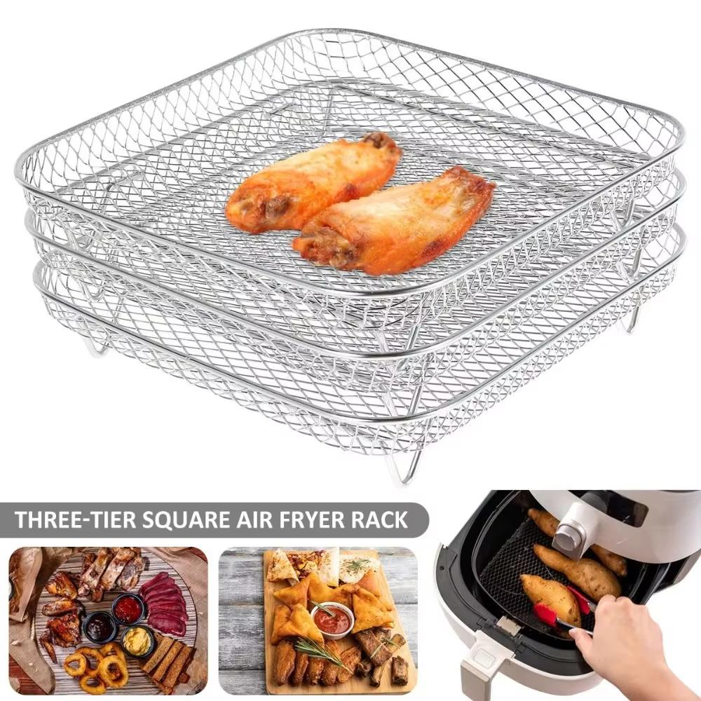 1/3Layer Stainless Steel Air Fryer Accessories Stackable BBQ Non-Stick Airfryer Tray Wire Rack Basket Kitchen Gadgets