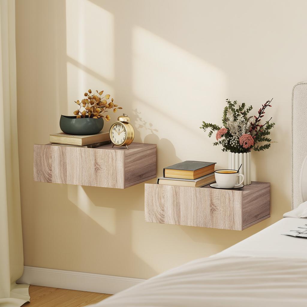 Set of 2 Wall-Mounted Nightstands, Sliding Drawer, 40x30x15 cm, Oak