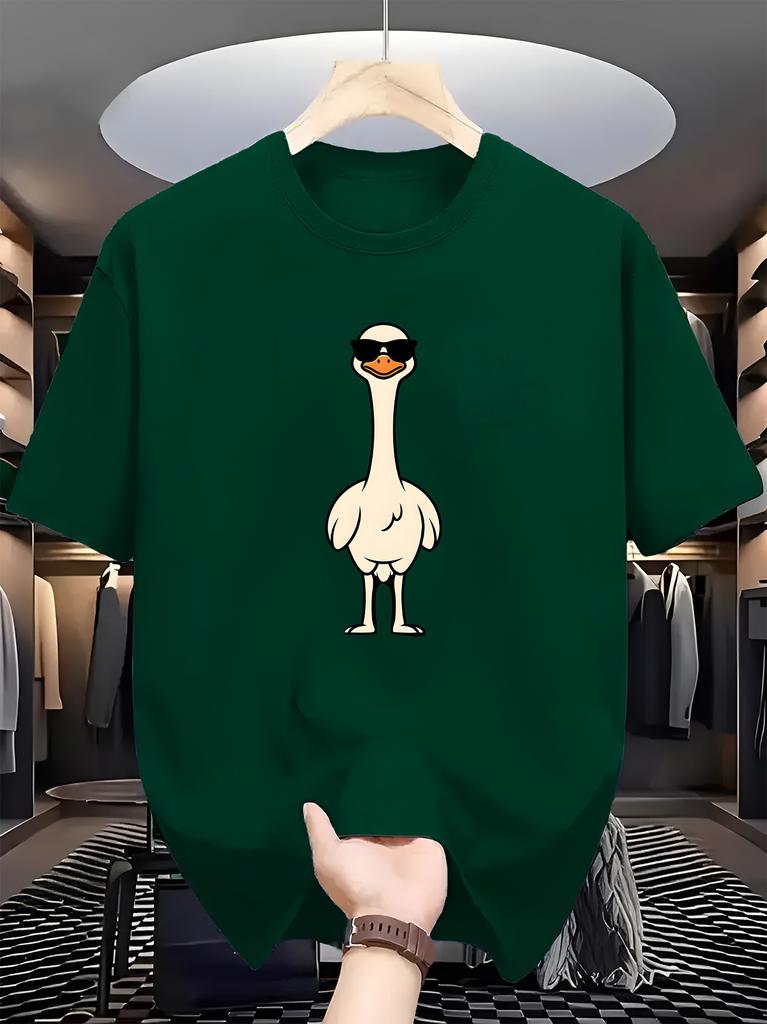 Unisex Navy Blue Crew Neck Tee Trendy Cartoon Cool Ostrich With Black Shades Simple Cute Bird Graphic Soft Cotton Casual Male Tops