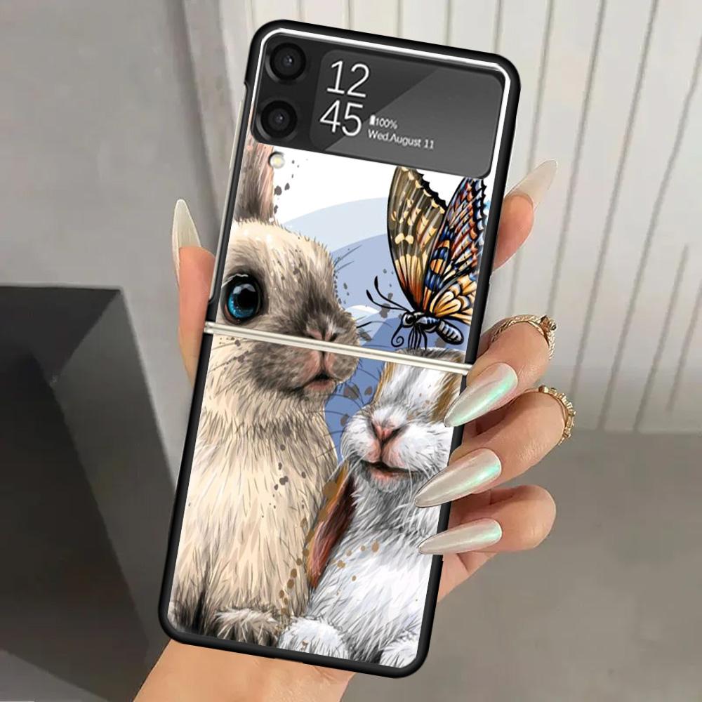 Süßes Kaninchen Baby Kaninchen Harte PC Handyhülle Für Samsung Galaxy Z Flip 6 5 4 3 Schwarze Hülle ZFlip6 Flip5 Flip4 5G Faltbar Druck Ca