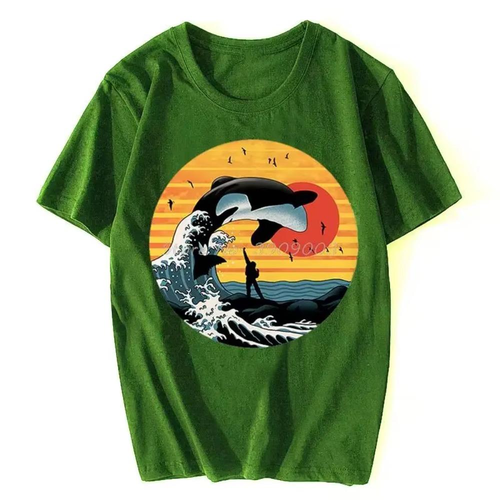 Japan Ukiyoe Style Great Killer Orcas Whale Wave Funny Tshirt  T-shirt Men's Clothing Oversized Unisex Tops