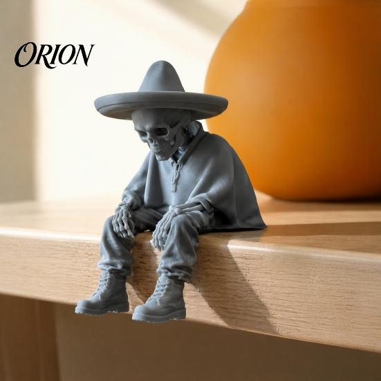 Spooky Aesthetic Office Ornaments 3D Printed Sitting Skeleton Shelf Sitter Figurine, Gothic Hat Desktop Modern Minimalist Statue Ornament, Trendy Home