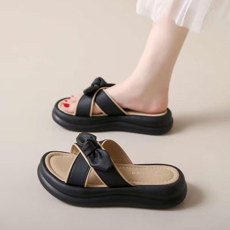 Hausschuhe Sommerkleidung Neujahr neuer Feen-Stil Schleife Muffin-Plateau Strandschuhe Ein-Riemen-Schlappe Ins-Tide