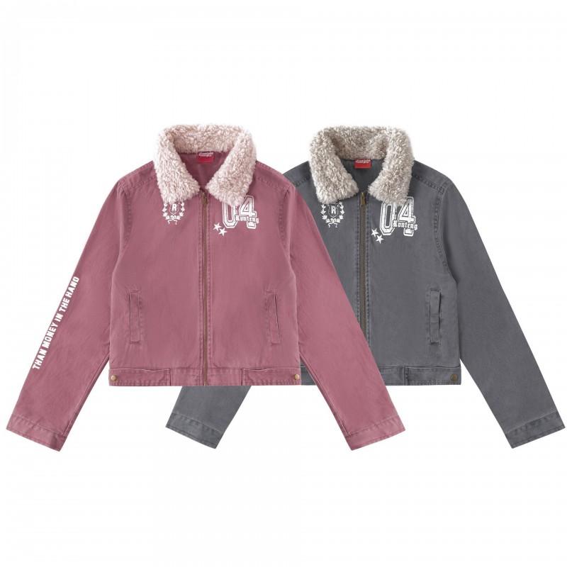 Unisex Retro Denim Jacket With Fleece Collar Print Patchwork Loose Fit Fall Outerwear Teens Adults