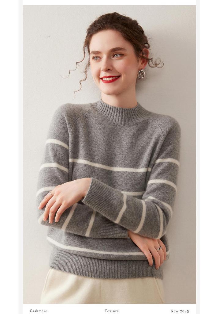 High-Neck Retro Black & White Striped Cashmere Sweater – Women's Long Sleeve Pullover for Autumn & Winter