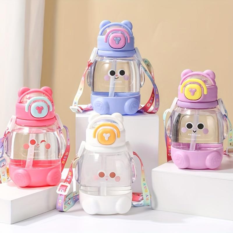 Cute Cartoon Student Water Bottle 600ml/20.29oz Food-Grade Material Portable with Straw and Strap for Travel Sports 1 Pack