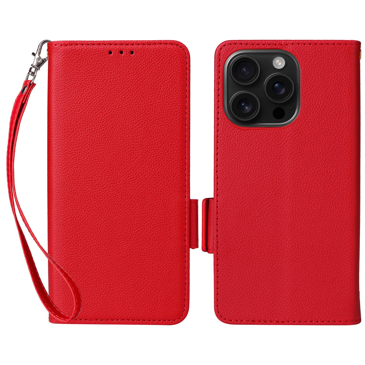 

For iPhone 16 Pro Case with Wrist Strap Litchi Texture PU Leather Wallet Phone Cover Red