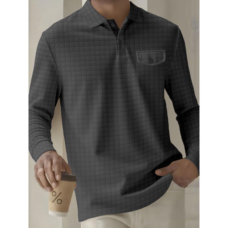 Spring and Autumn Men's Long Sleeve Plaid Polo Shirt Button Pocket Sports Polo Shirt