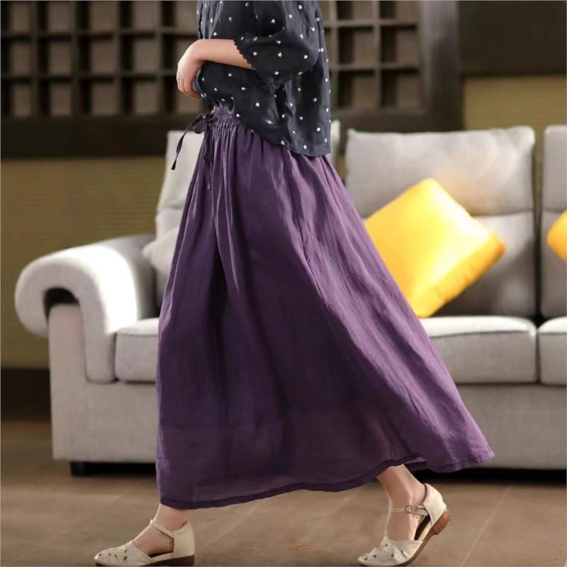 Johnature Women Vintage Patchwork Skirts Solid Color Elastic Waist Cloths Summer Loose Belt Female Skirts