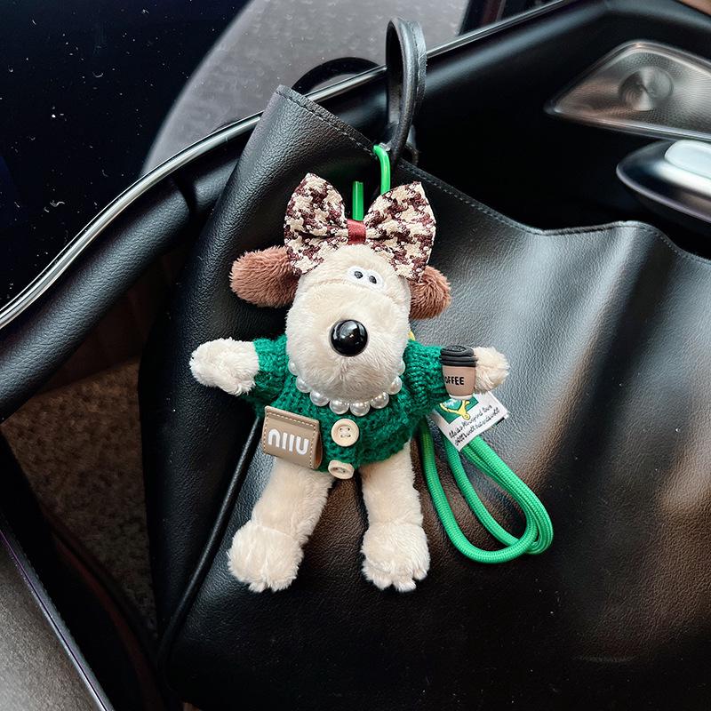 Plush Cartoon Chef Dog Keychain with Bow Tie – Cute Knitted Sweater Design Doll for Bags and Cars