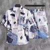 Men's Summer Japanese Trend Newspaper Print Shirt & Floral Beach Shorts Set