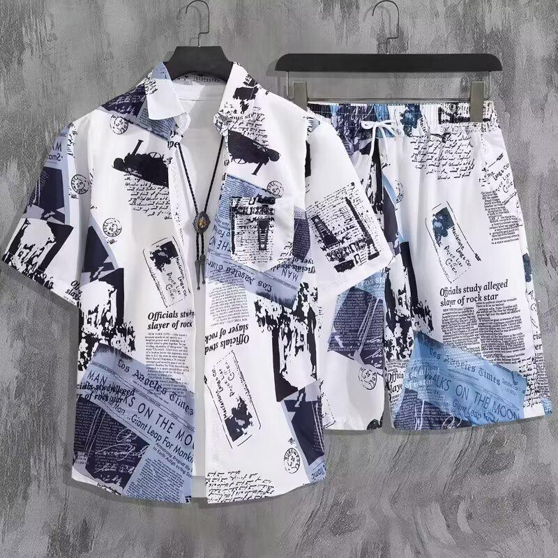 Men's Summer Japanese Trend Newspaper Print Shirt & Floral Beach Shorts Set