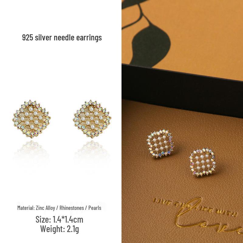 Korean Ethnic Square Pearl 925 Silver Stud Earrings for Women - Colorful Retro Rhinestone Inlaid Japanese Style.