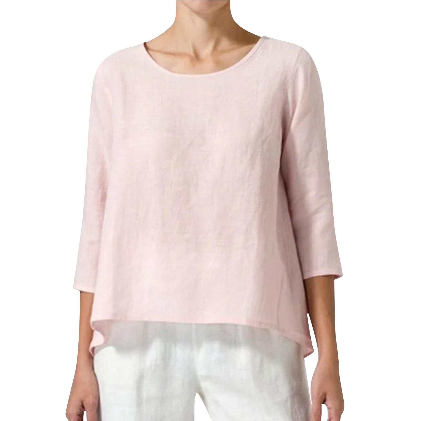 

Women s Round Neck Cotton Linen 3/4 Sleeve Casual Loose Color T-Shirt XXXXXL рожевий