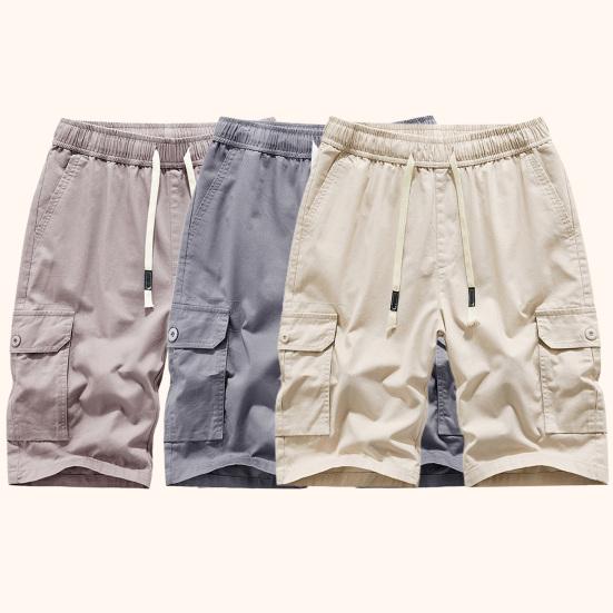 Men Cargo Shorts Solid Color Loose Elastic Waist Drawstring Multi Pockets Daily Wear