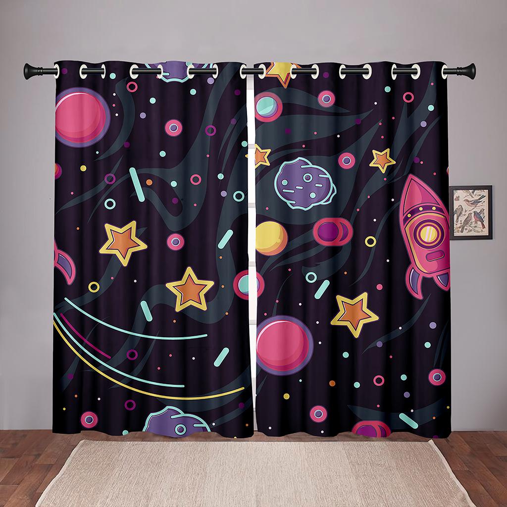 Thick 90% Shading 2PiecesCartoon Space Planet Universe Blackout Window Curtain For Bedroom Living Room Bathroom Kicthen DoorHall