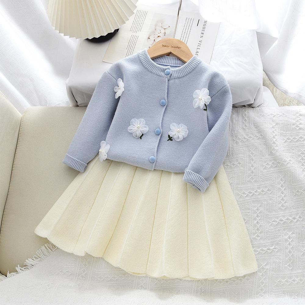 Mädchen Strickpullover & Kleid Set mit Fliegenärmeln - Koreanischer Stil, Frühling/Herbst Mode, Zweiteiler für kleine & mittlere Kinder