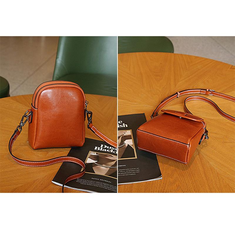 Simple Design Oil Waxing Split Leather Women Phone Bag New Retro Style Single Shoulder Mini Crossbody Bag Fashionable Small Bags