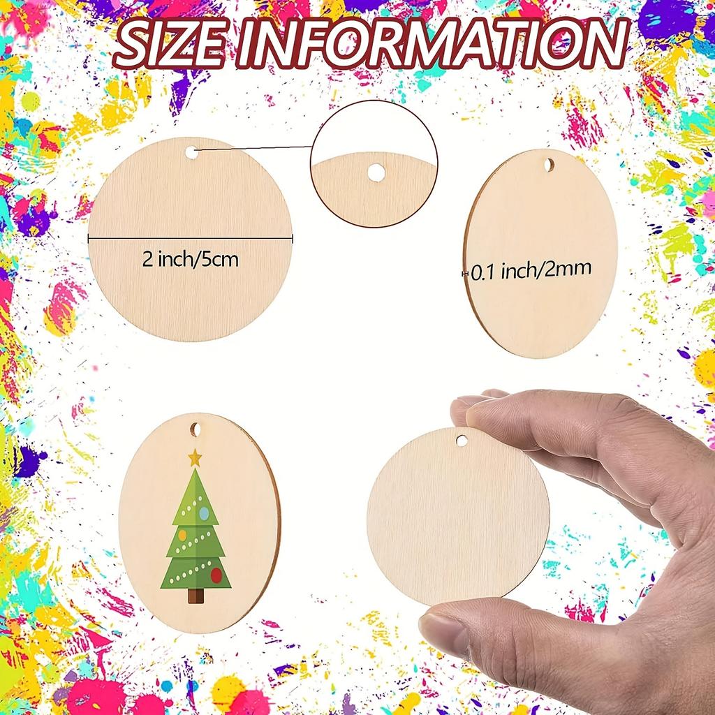 100pcs 2in Round Wooden Slices, Small Discs with Holes for DIY Art & Christmas Ornaments