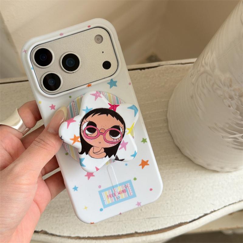 Süßes Mädchen mit großen Augen Sternenmuster Handyhülle mit Ständer für iPhone 15 16 17 Pro Max Kawaii Stoßfeste Schutzhülle
