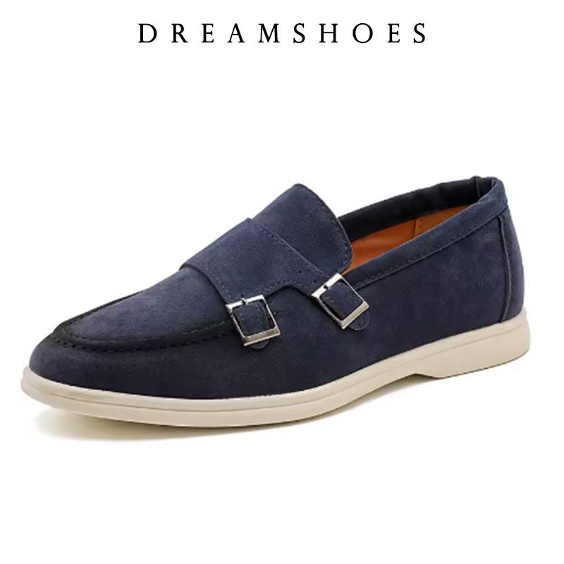 Suede Leather Men s Business Casual Shoes Handmade Double Buckle Loafers Leisure Slip on Flats Male Driving Moccasins 38
