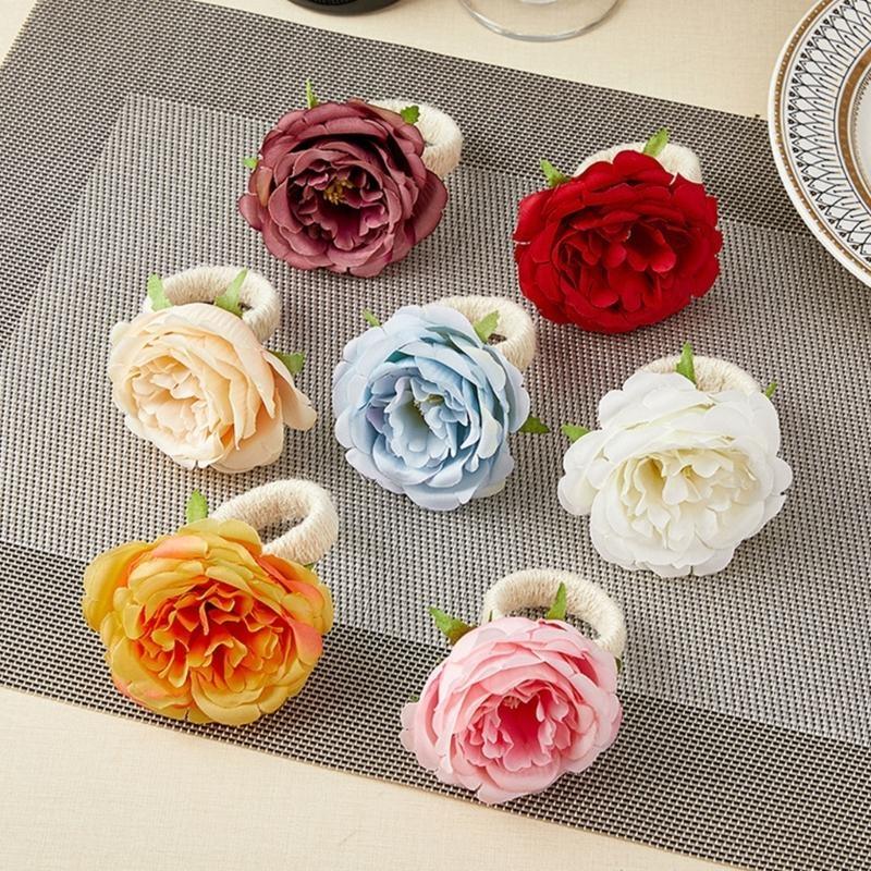 652F Set of 6 Artificial Flower Napkin Rings Elegant Tissue Holder for Dining and Parties Table Decorations for Weddings