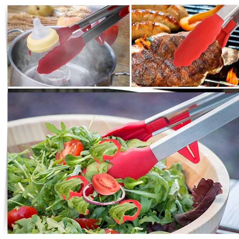 Kitchen Utensils and Cooking Tongs, Heat-resistant Stainless Steel Barbecue Tongs, Equipped with Silicone Tips and Bracket Design, Suitable for Salads