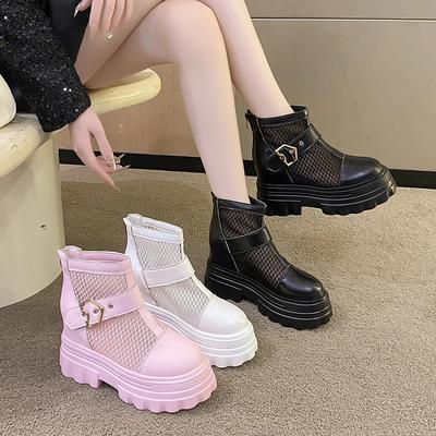 Atmungsaktive Mesh-Sommerstiefeletten für Damen mit hohler, dicker Sohle, coole Stiefeletten, klobige Plateau-Punk-Motorradstiefeletten