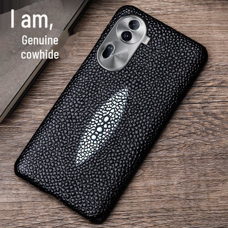 OPPO Reno7/7PRO Rindslederhülle mit Perlrochenmuster: Halbschale für Reno7Pro+ - Echter Lederschutz.