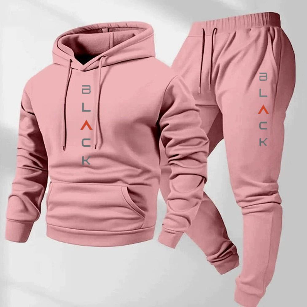 Men's Black Retro Letter Print Two-Piece Jogging Set - Long Sleeve Hoodie & Sweatpants for Winter