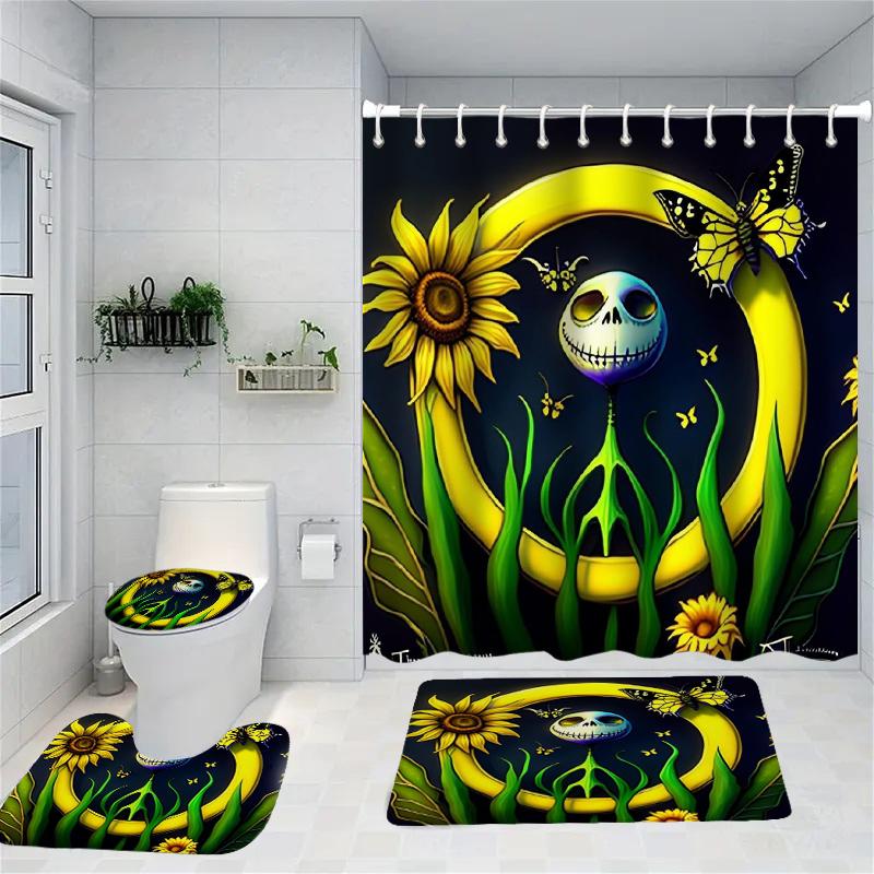 Halloween Skeleton Decor Pattern Shower Curtain  Bath Sets Waterproof Non-Slip Bathroom Rug Toilet U  With 12 Hooks Home Deco