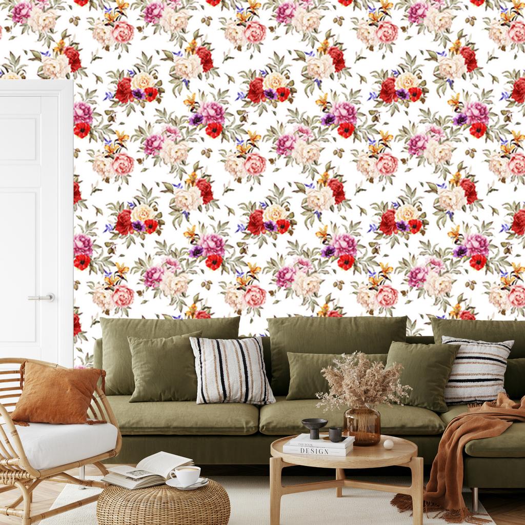 Colorful Peonies and Watercolor Wallpaper for Living Room and Bedroom 50x1000
