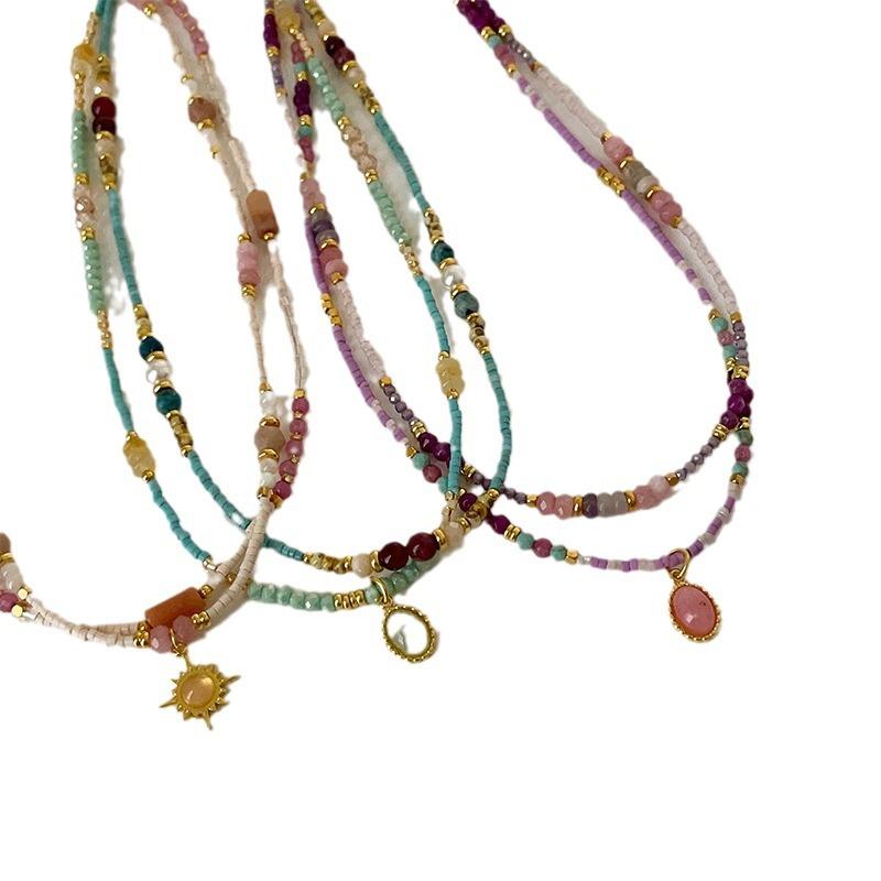Retro Ethnic Style Colored Natural Stone Beaded Necklace Women'S Light Luxury High Sense Elegant Versatile Neck Chain Collarbone Chain