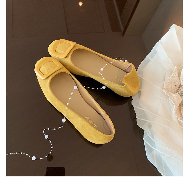 Sheepskin version~ Leather French square buckle shallow mouth single shoes women's new round head one-pedal flat commuter ballet shoes