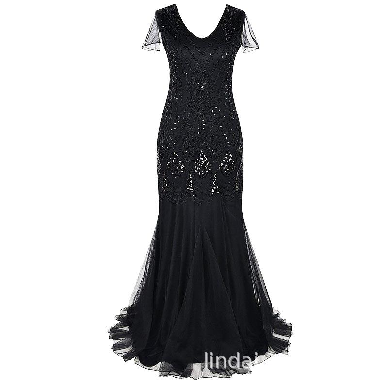 Women s retro sequined dress dress banquet light luxury party evening dress fishtail dress long Z-GA S чёрный
