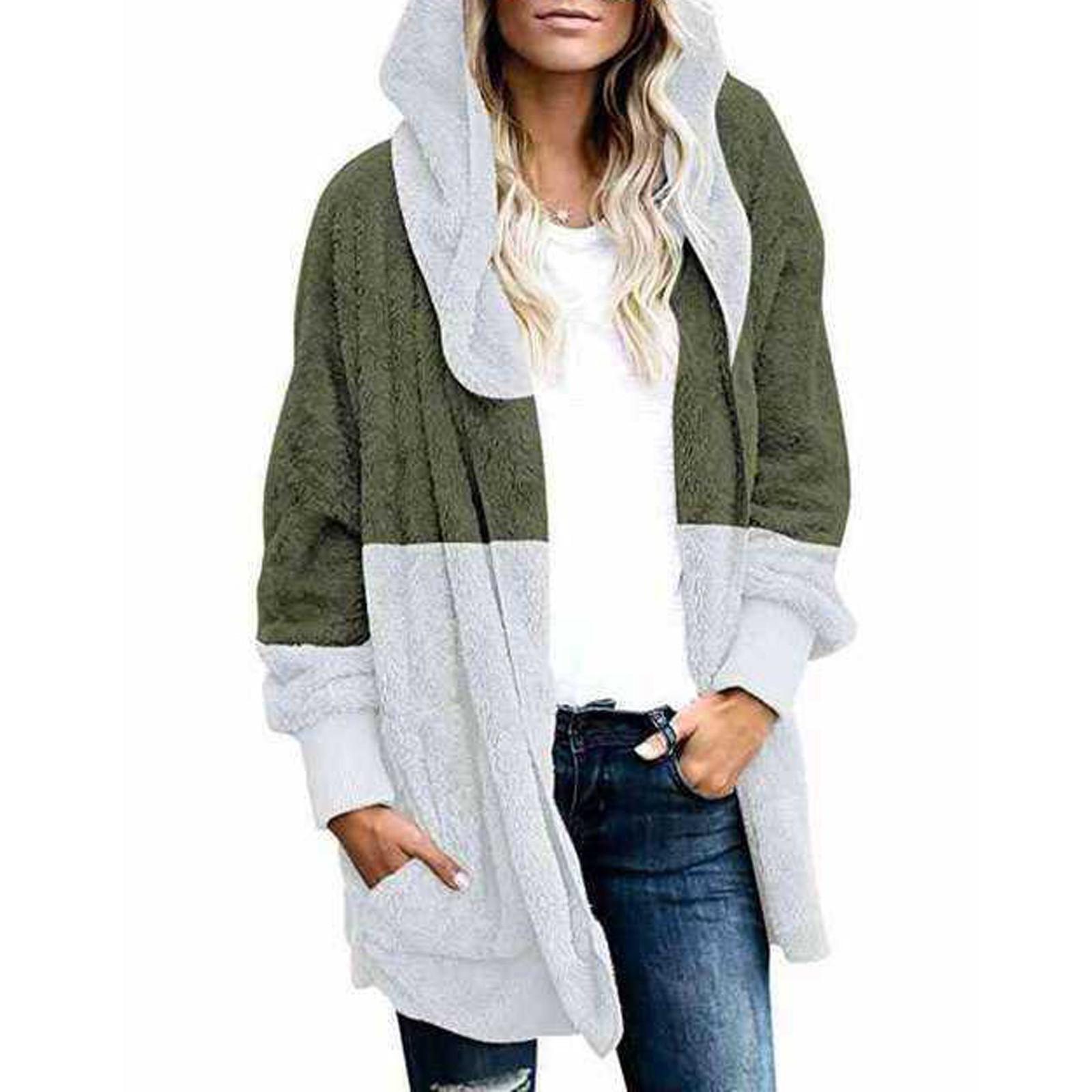 

Fashion Women Plush Pocket Hooded Cardigan Jacket Casual Loose Stitching Jacket L армія зелений колір