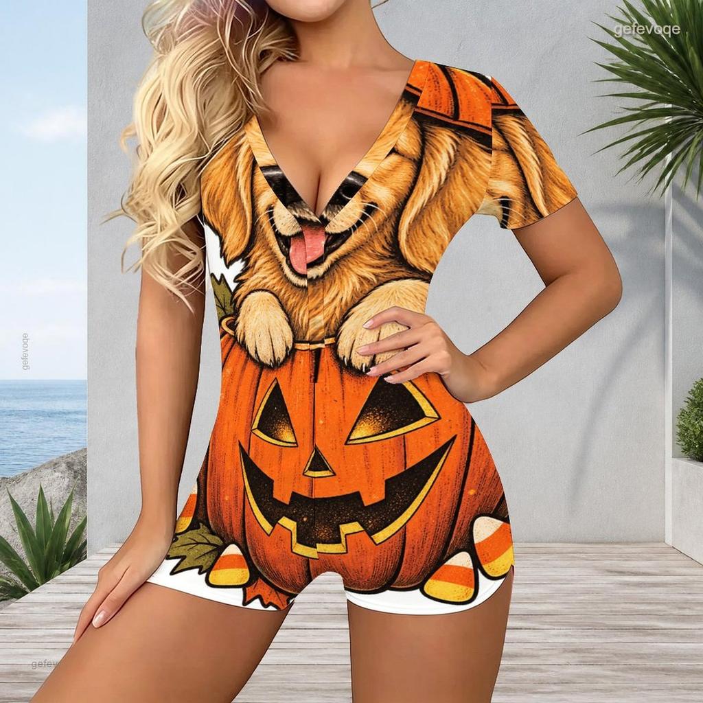 Women Plus Size V Neck Short Sleeve Button Front Raccoon Pumpkin Print Short Romper