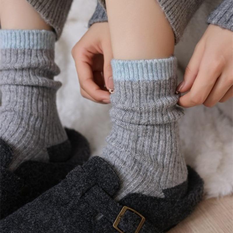 Japanese Color Block Wool Socks Thermal Stackable Crew Socks with Marled Knit Retro Autumn Winter Socks for Birkenstock Shoes