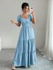 European and American style French square neck dress for women, bubble sleeves closed waist and thin layered large pendulum long A-shaped skirt