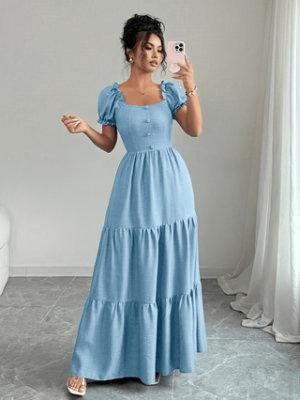 European and American style French square neck dress for women, bubble sleeves closed waist and thin layered large pendulum long A-shaped skirt