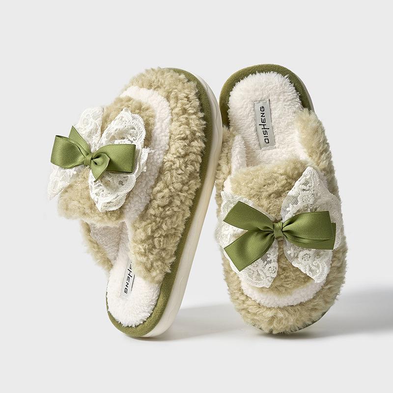 Lace bow plush slippers autumn and winter new home non-slip warm advanced sense can be worn outside thick-soled cotton slippers