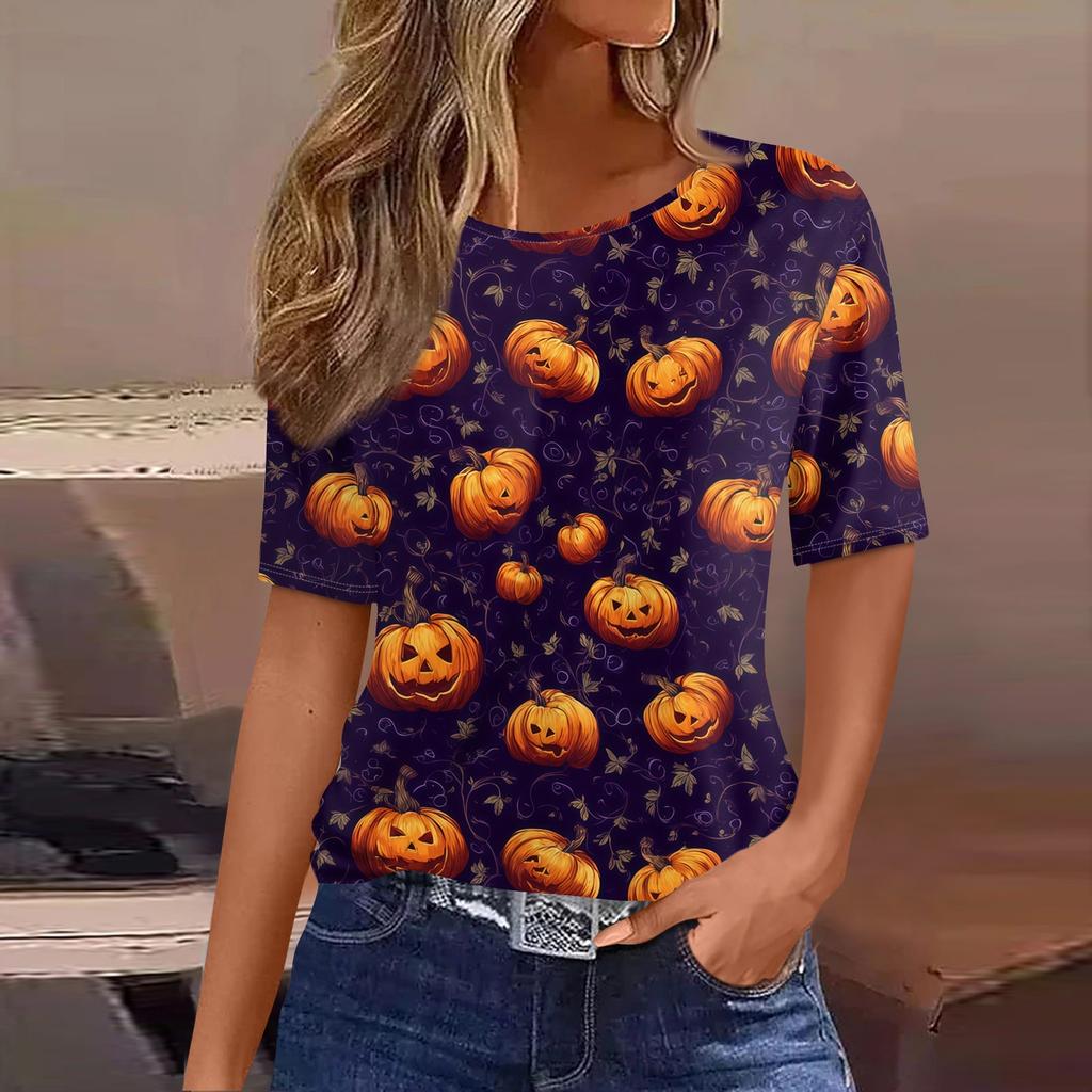 Women's Short Sleeve Halloween and Pumpkin Print T-Shirt, Casual Round Neck Pullover Top for Women