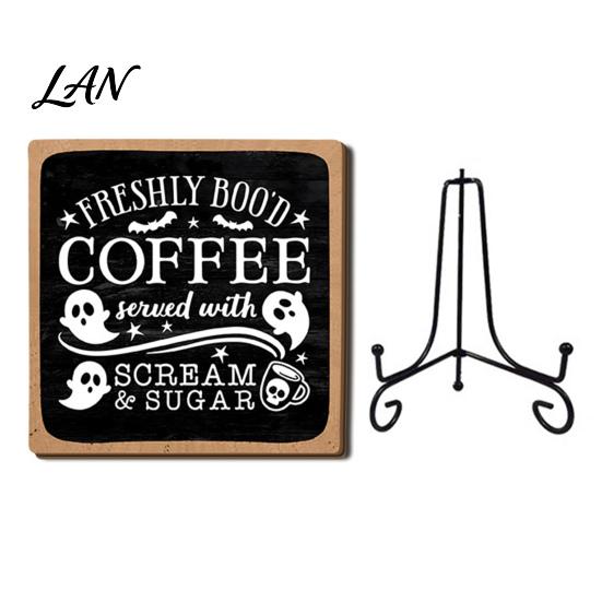 Desktop Ornaments for Home Halloween Coffee Bar Wooden Sign with Iron Display Stand Corner Small Plaques Counter Tabletop Decor, Rustic Wood