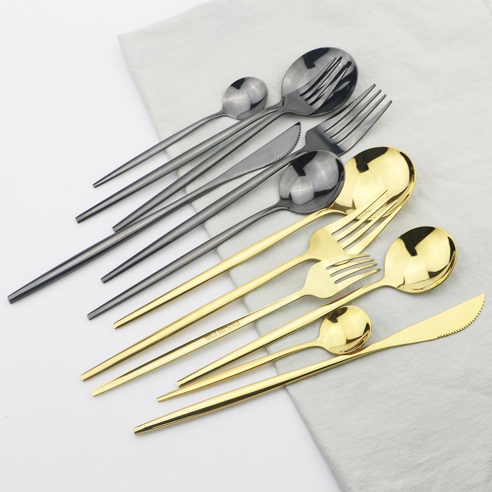 6Pcs/Set Gold Dinnerware Cutlery Set Mirror Stainless Steel Dinner Flatware Knife Dessert Fork Coffee Spoon Tableware Silverware Set