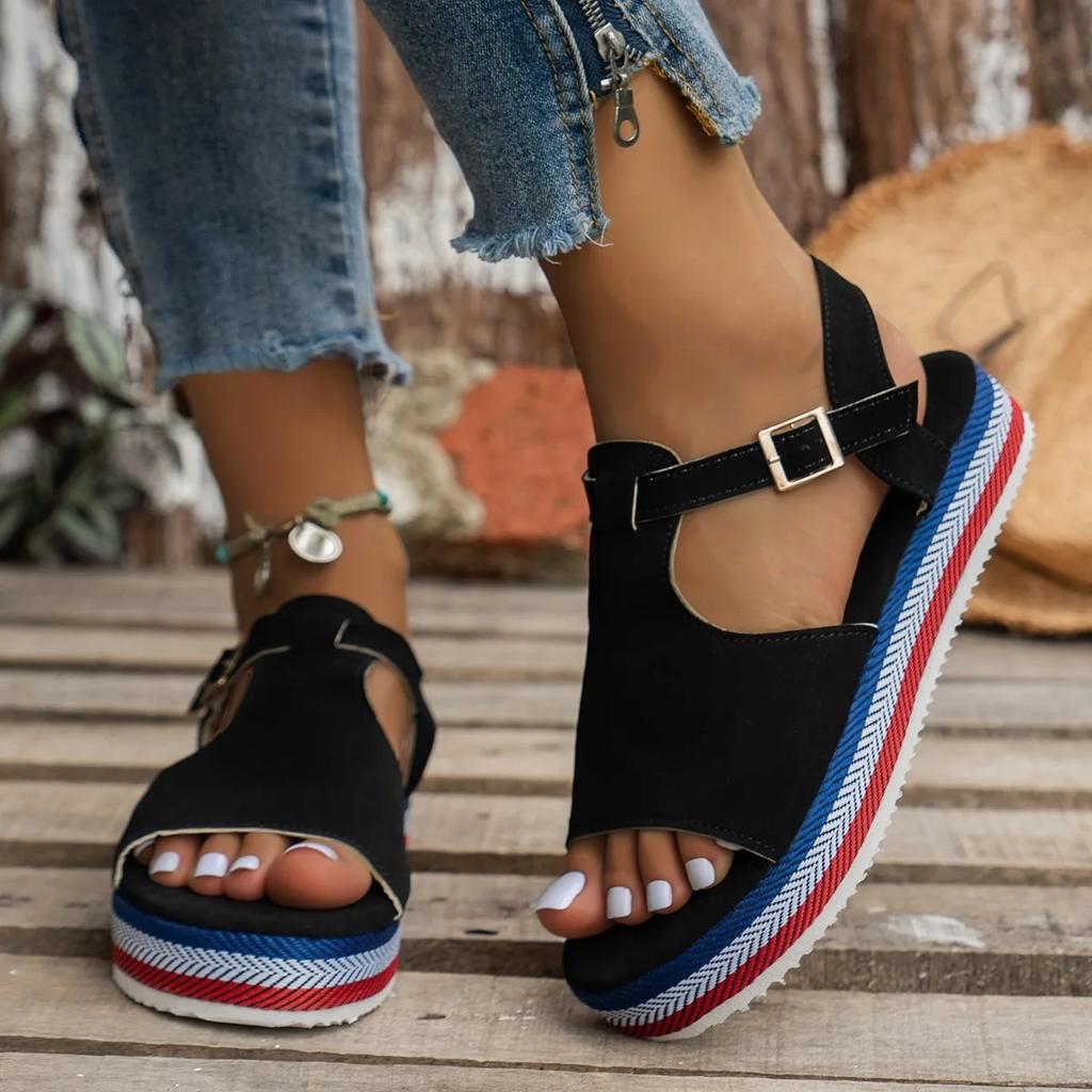 Thick Bottom Sandals Summer New Peep Toe Hollow Candy Color Metal Buckle Female Shoes Casual Beach Sandalias Mujer Romanas Shoes