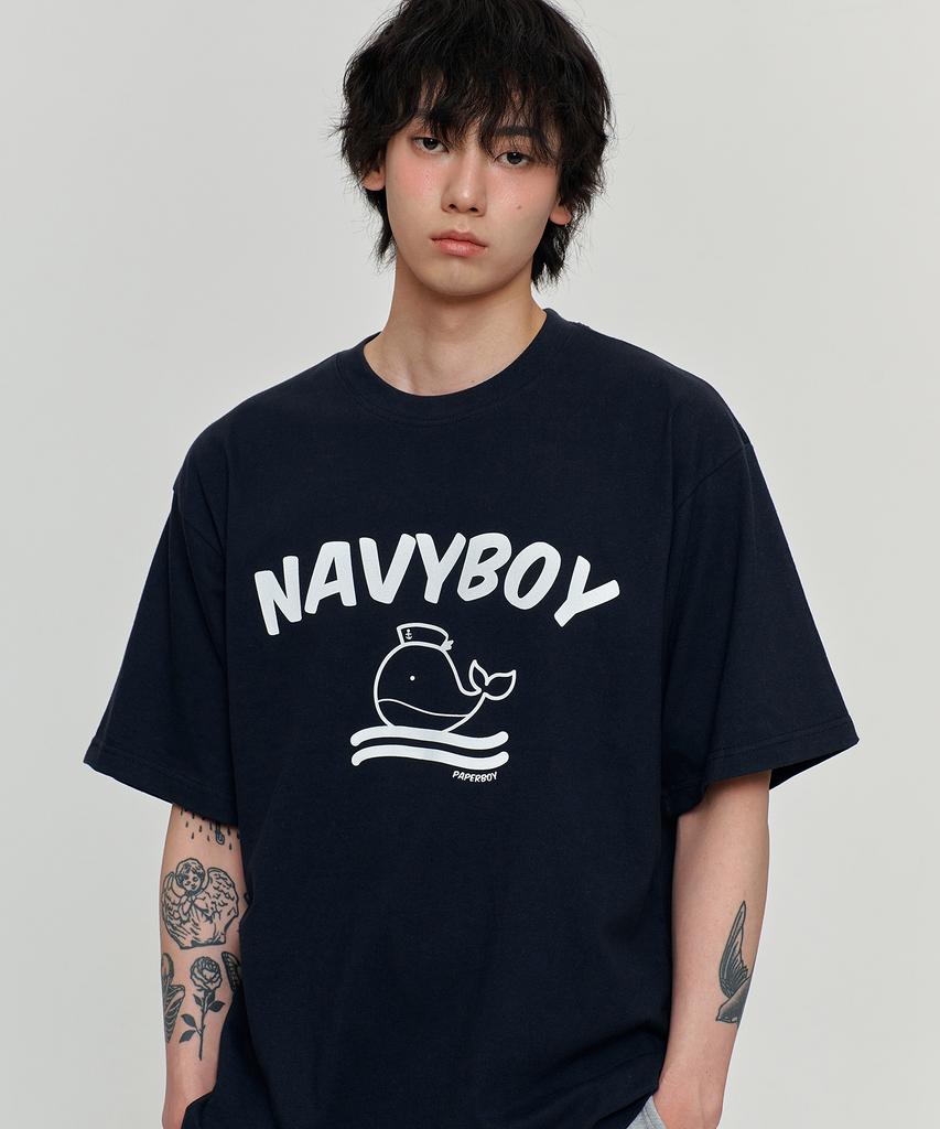 PAPERBOY Navy Boy Short Sleeve T-Shirt - White Melange