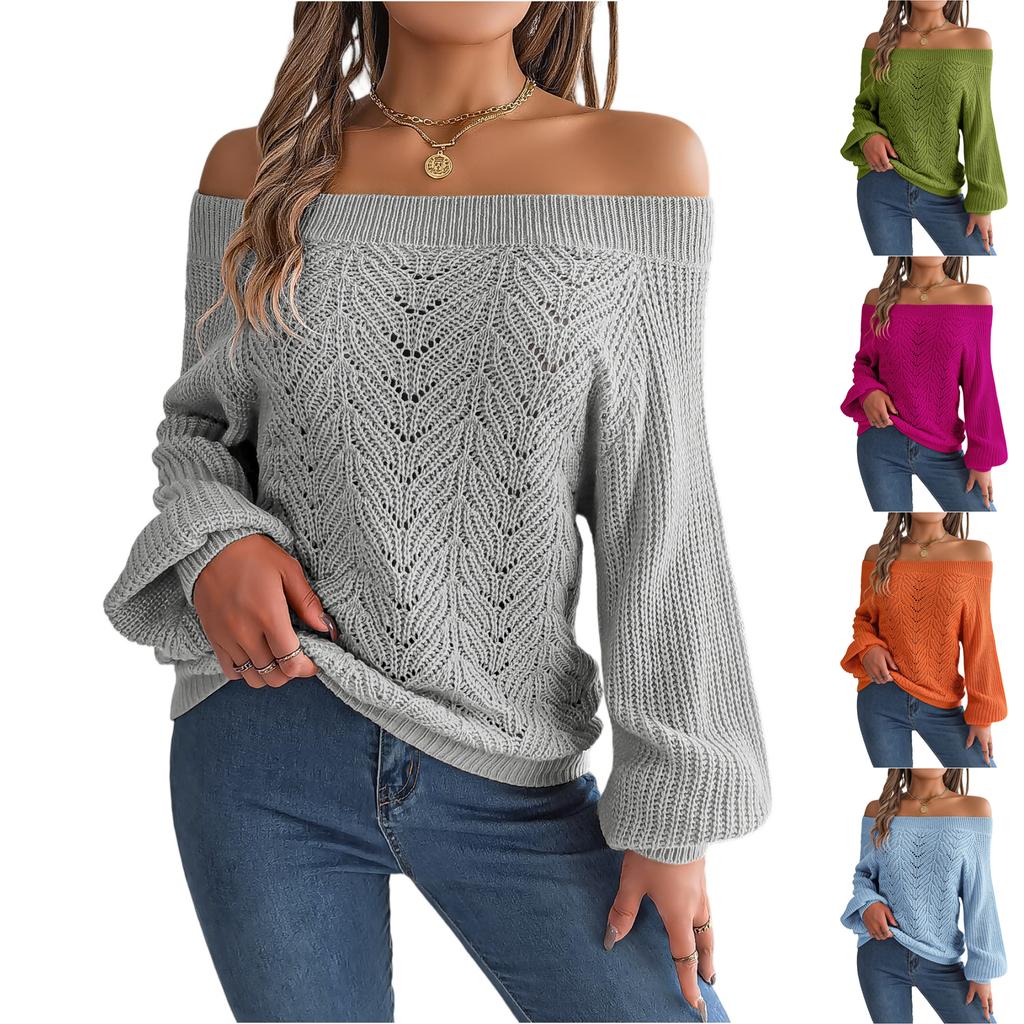 Women's Casual Fashion Solid Color Hollow Neck Off-shoulder Long-sleeved Sweater