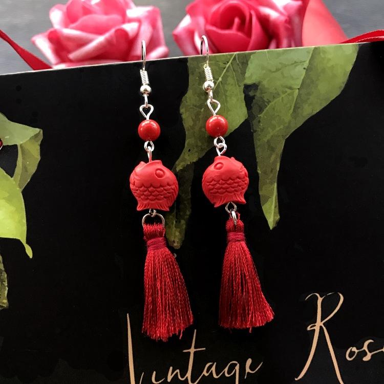 Klassische Mode rote Zinnober Quastenohrringe Retro romantische Rosenblüten Ohrringe Weiblichkeit vielseitige Brautohrringe