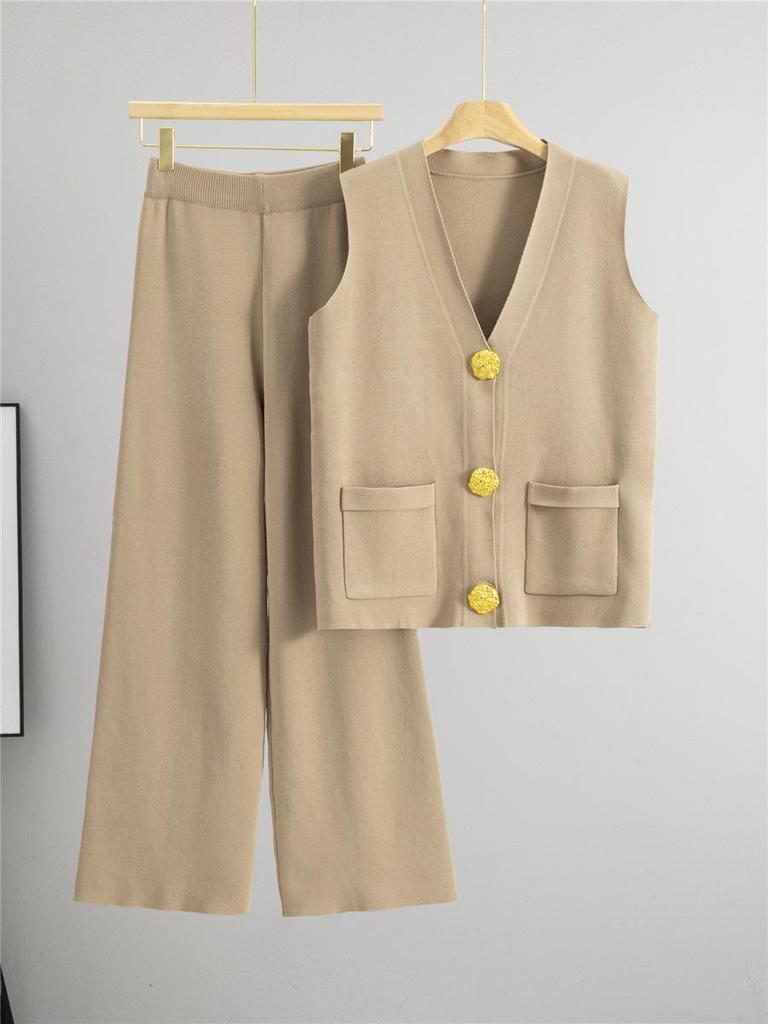 2025 Letní Móda Dvoudílný Pletený Vesta na Knoflíky & Sada Dlouhých Kalhot